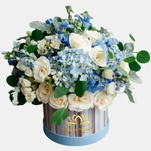 Arreglo floral de rosas blancas y hortensias azules en box redondo para regalo a domicilio en Guayaquil.