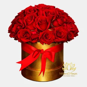 Arreglo de rosas rojas premium en caja redonda dorada con lazo rojo.