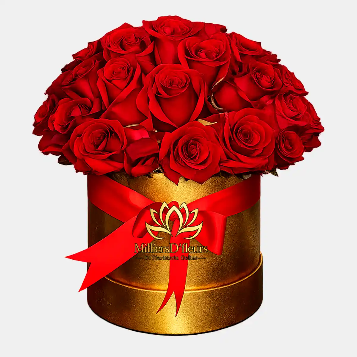 Arreglo de rosas rojas premium en caja redonda dorada con lazo rojo.