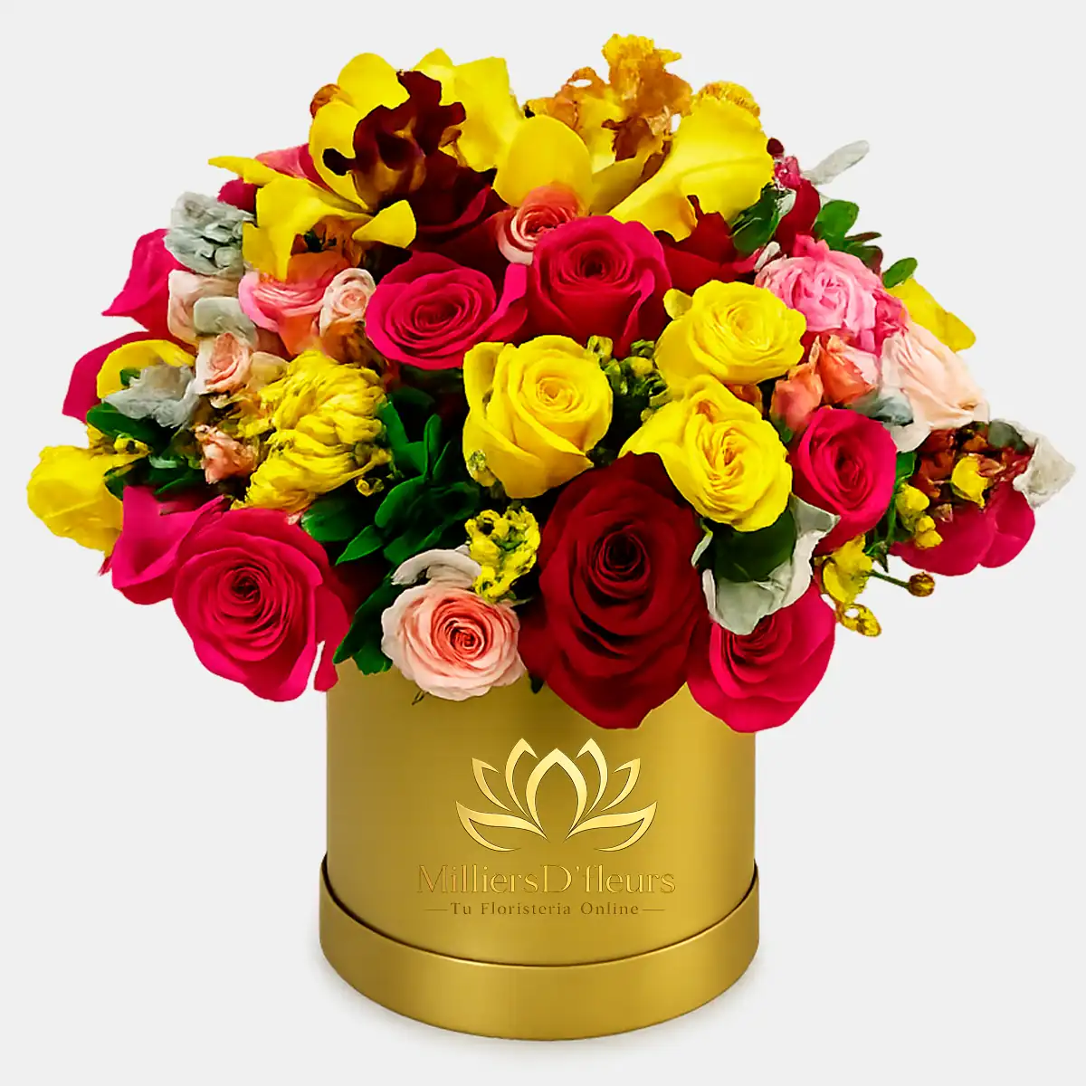 Arreglo floral de lujo con orquídeas amarillas y rosas fucsia en caja dorada de MilliersD'fleurs Guayaquil.
