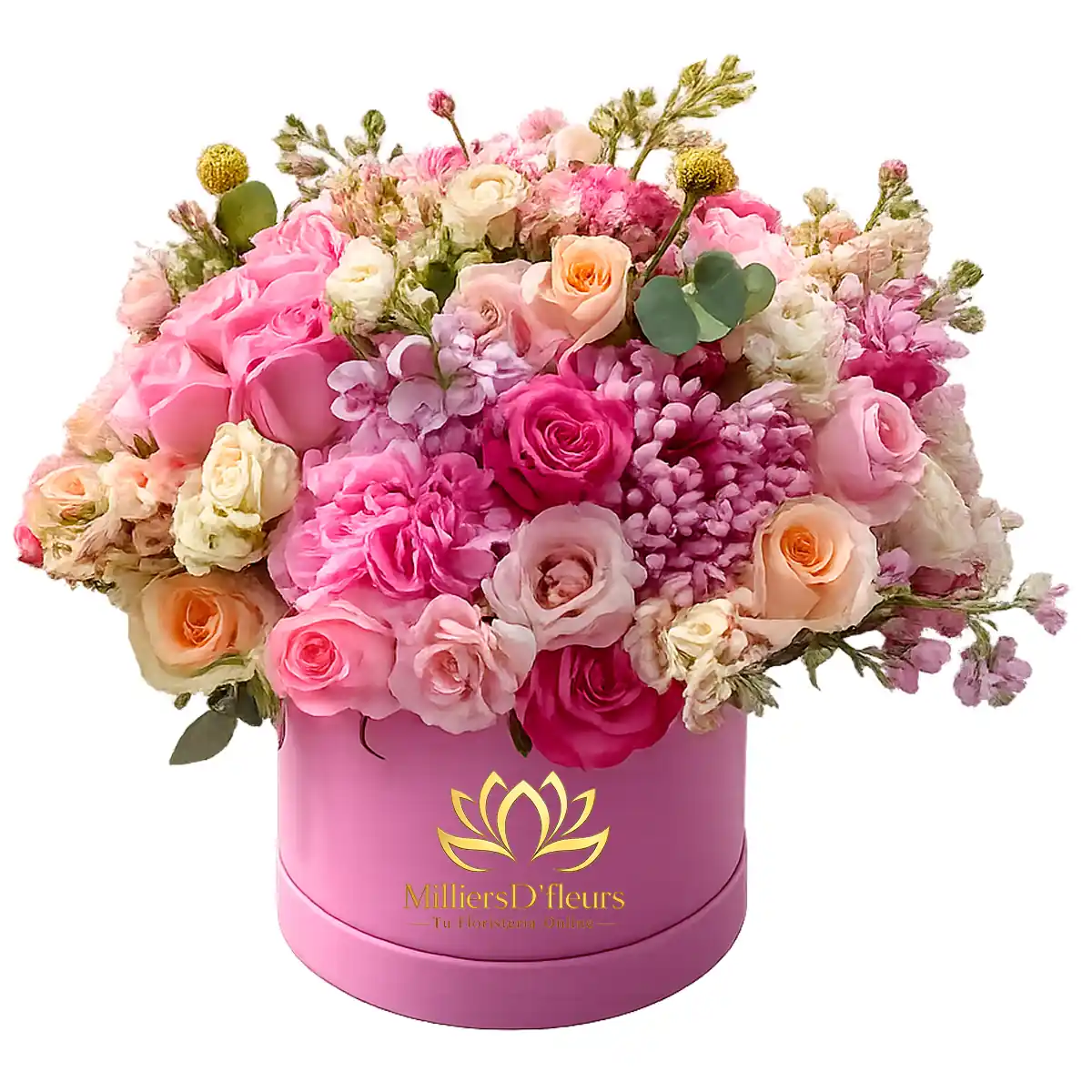 Arreglo floral en caja rosa con rosas fucsia y lilas de MilliersD'fleurs Guayaquil.