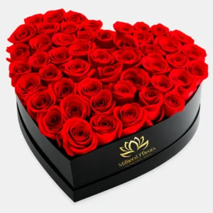 Arreglo en forma de corazón con rosas rojas premium en caja negra de MilliersD'fleurs Guayaquil.
