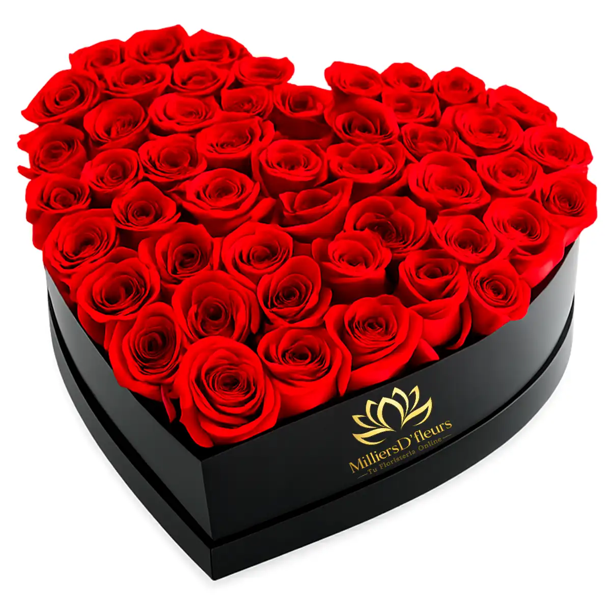 Arreglo en forma de corazón con rosas rojas premium en caja negra de MilliersD'fleurs Guayaquil.