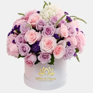 Arreglo floral de MilliersD'fleurs en hatbox blanca con rosas rosadas, rosas color lila, hortensia blanca y detalles de flores moradas pequeñas.