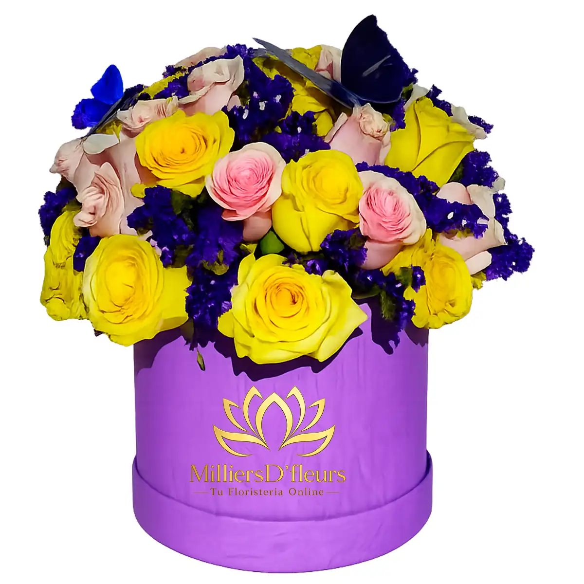 Arreglo floral en caja lila con rosas amarillas, rosadas y estatice morado de MilliersD'fleurs Guayaquil.