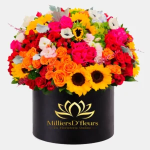 Box circular negro de MillersD'fleurs en Guayaquil con un arreglo floral denso de girasoles, rosas rojas, fucsias y naranjas, anémonas y follaje plateado.