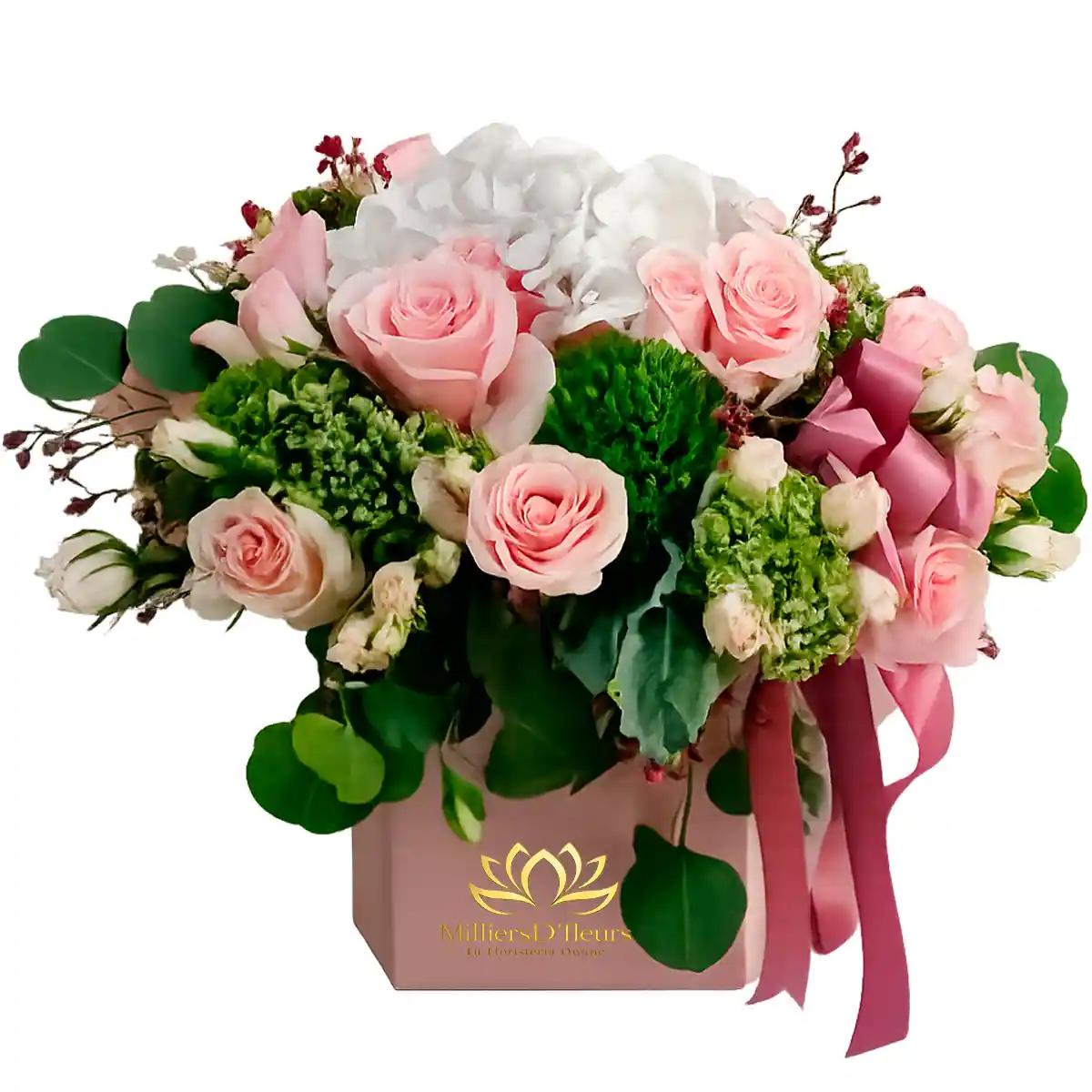 Flores en tonos pasteles en caja color rosa